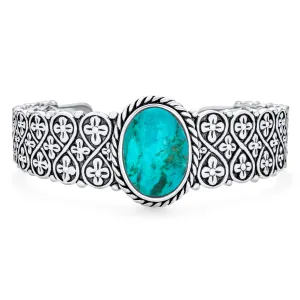 Southwestern Turquoise Gemstone Cuff Bracelet with Sterling Silver Lattice Design