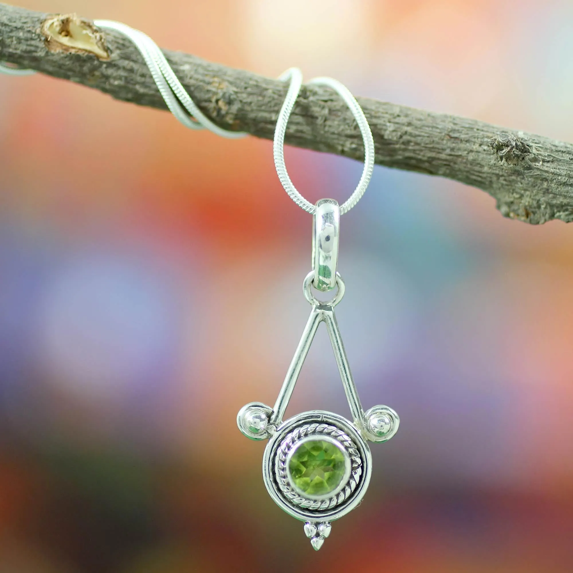 Sterling Silver and Peridot Necklace Modern Indian Jewelry  - Chennai Promise | NOVICA