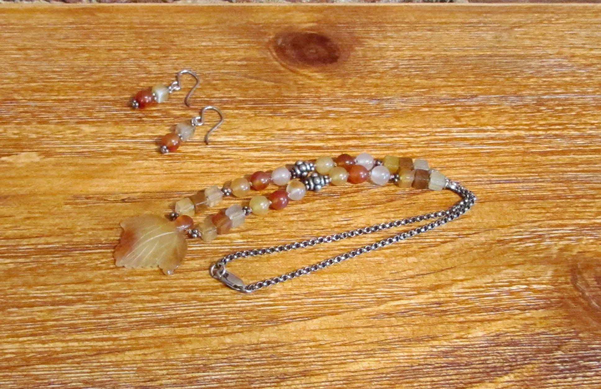 Sterling Silver Citrine Leaf Necklace & Earrings Set Handmade OOAK