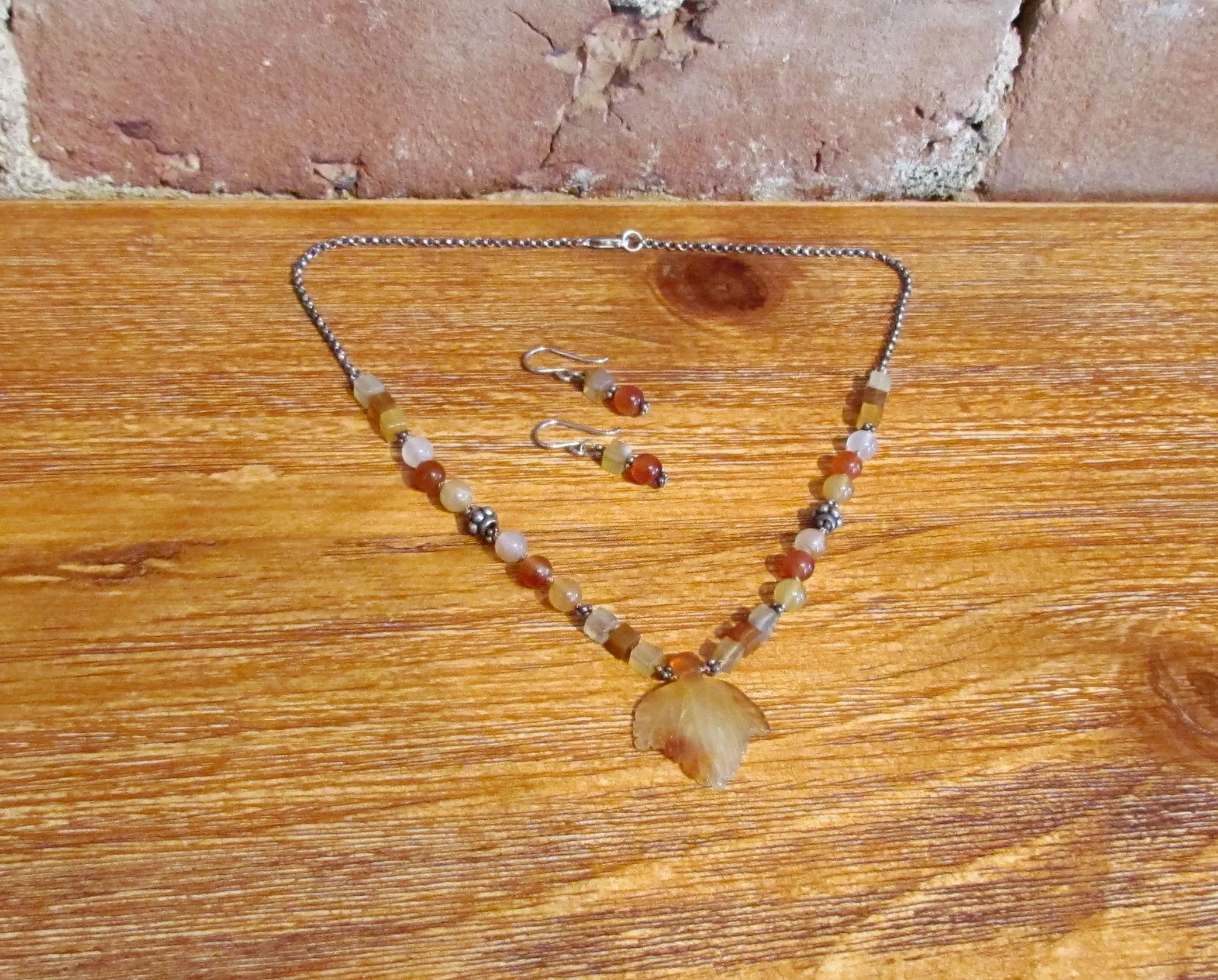 Sterling Silver Citrine Leaf Necklace & Earrings Set Handmade OOAK