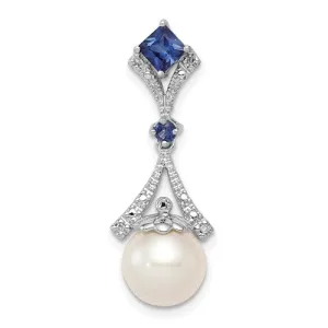 Sterling Silver Diamond & Created Sapphire Cultured Pearl Pendant