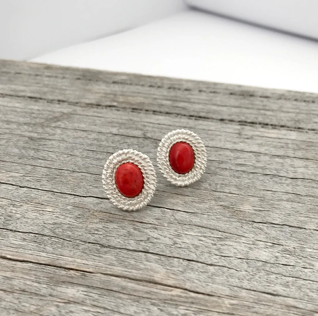 Sterling Silver Red Coral Stud Earrings