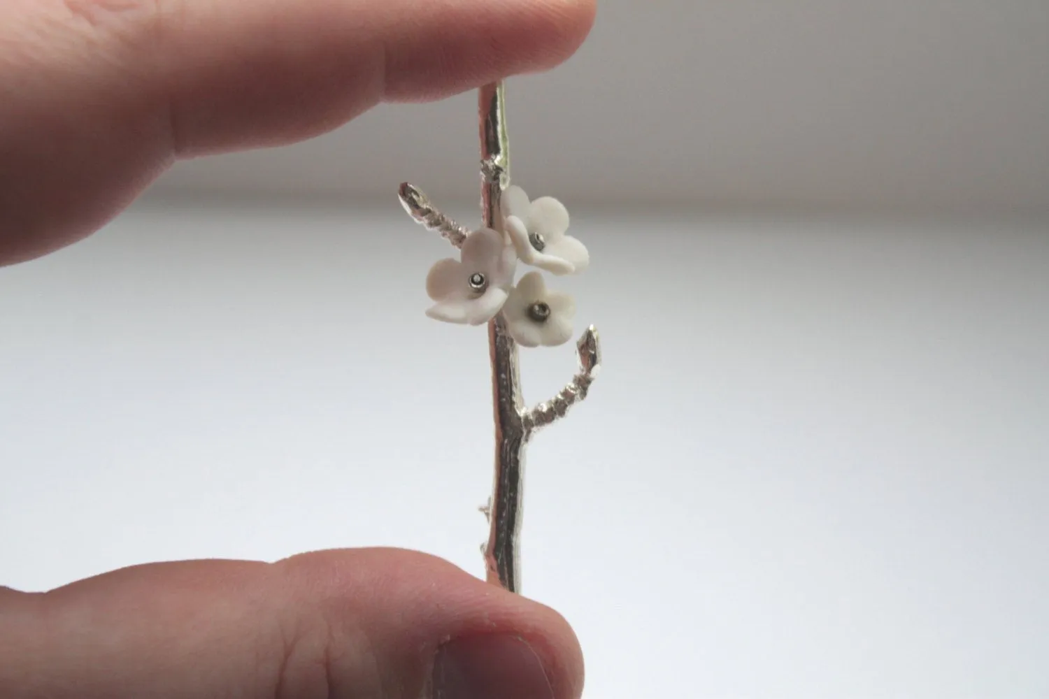 Summer blossom solid sterling silver brooch with porcelain flowers - silver twig brooch