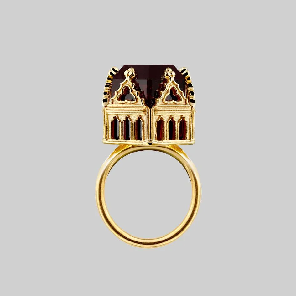 TEMPLE OF CHAMBERS. Garnet CZ Cathedral Ring - Gold