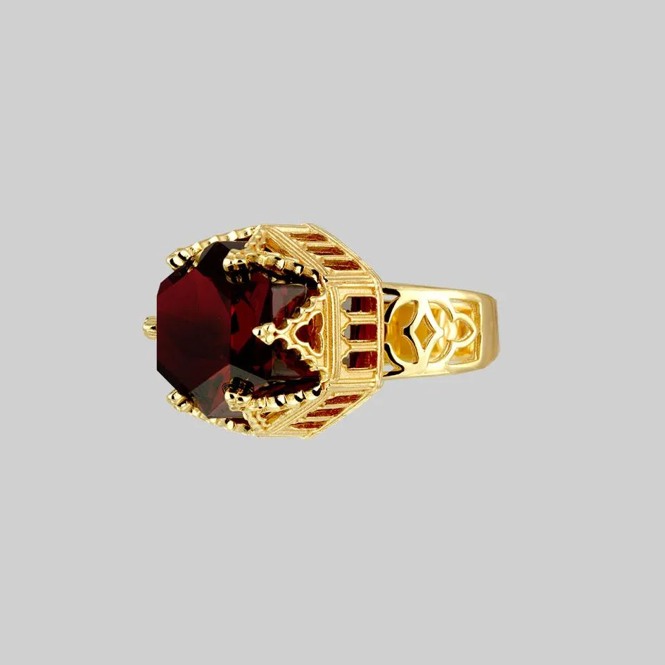 TEMPLE OF CHAMBERS. Garnet CZ Cathedral Ring - Gold