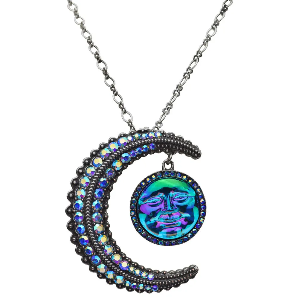 To The Moon And Back Seaview Water Moon Pin Pendant Necklace  (Antique Silvertone/Sapphire AB)