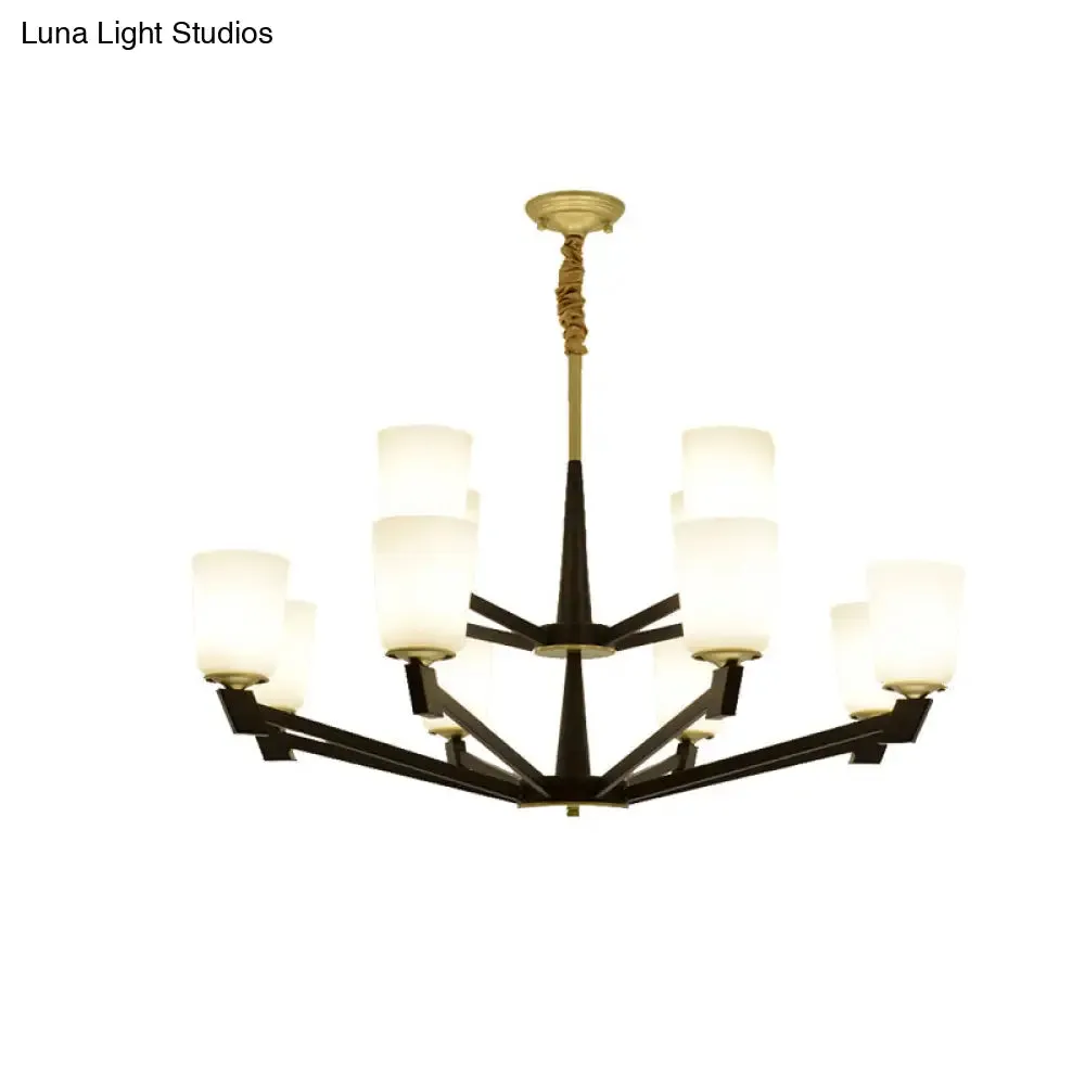 Traditional Cone Frosted Glass Chandelier in Black - Pendant Lighting for Living Room: 6/8/12 Lights