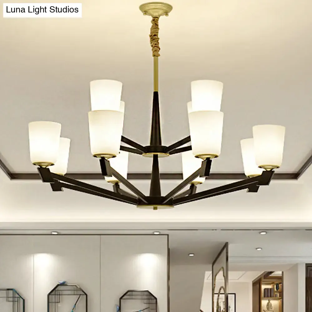 Traditional Cone Frosted Glass Chandelier in Black - Pendant Lighting for Living Room: 6/8/12 Lights