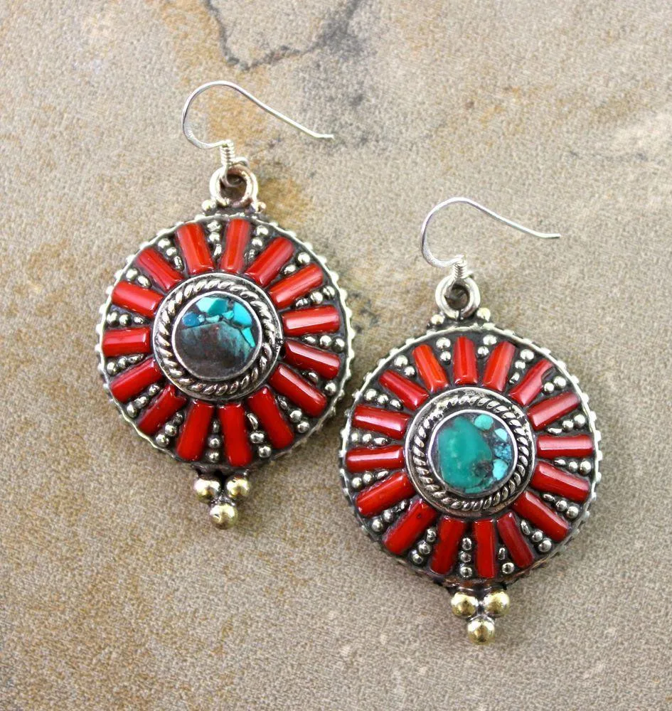 Traditional Silver Coral Turquoise Earrings