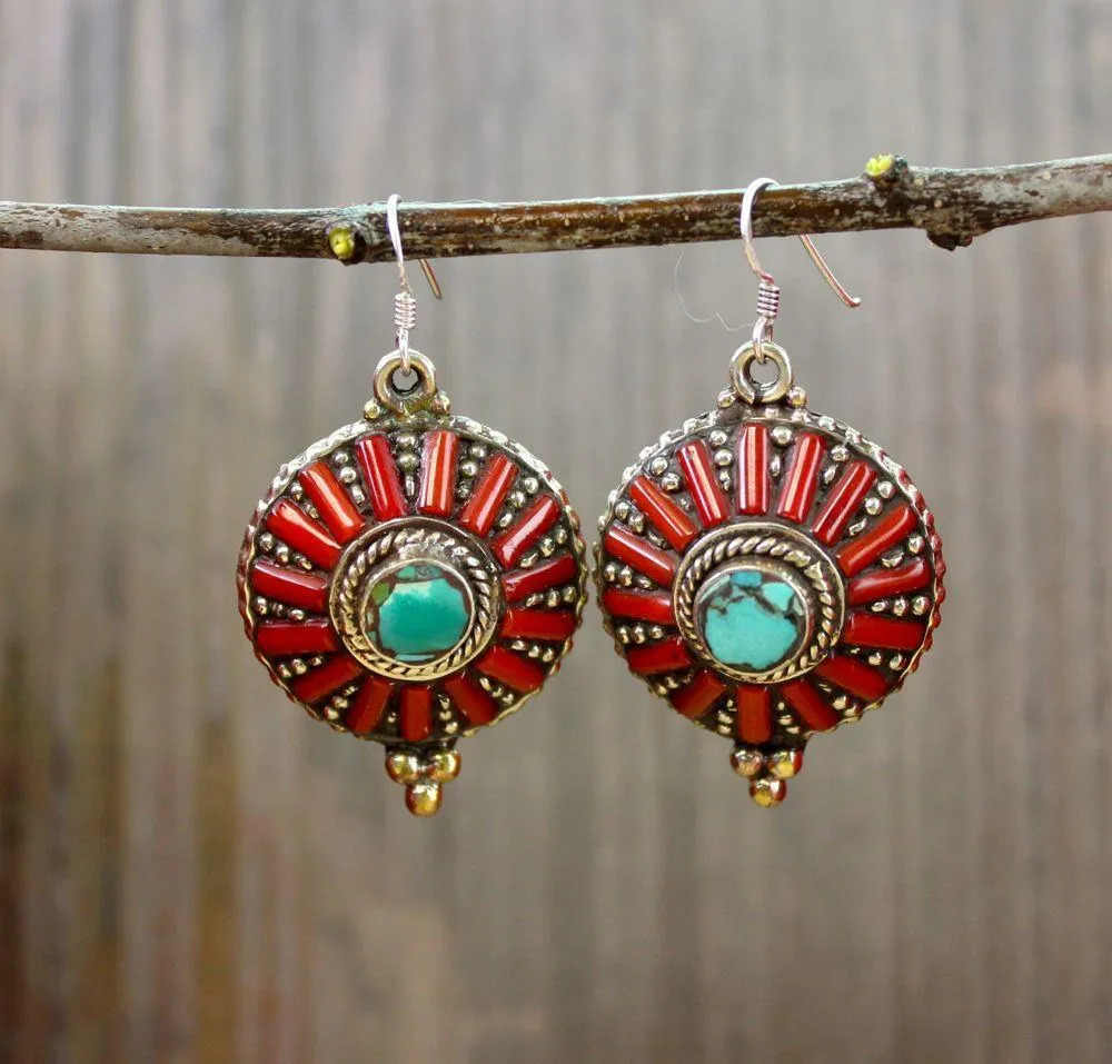 Traditional Silver Coral Turquoise Earrings