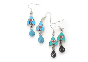 Turquoise and Coral Inlaid Flower Drop White Metal Earrings