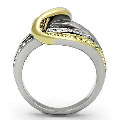 Two-Tone IP Gold (Ion Plating) Stainless Steel Ring with Top Grade Crystal in Citrine Yellow for Women Style TK1094