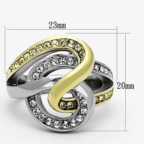 Two-Tone IP Gold (Ion Plating) Stainless Steel Ring with Top Grade Crystal in Citrine Yellow for Women Style TK1094