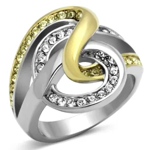 Two-Tone IP Gold (Ion Plating) Stainless Steel Ring with Top Grade Crystal in Citrine Yellow for Women Style TK1094