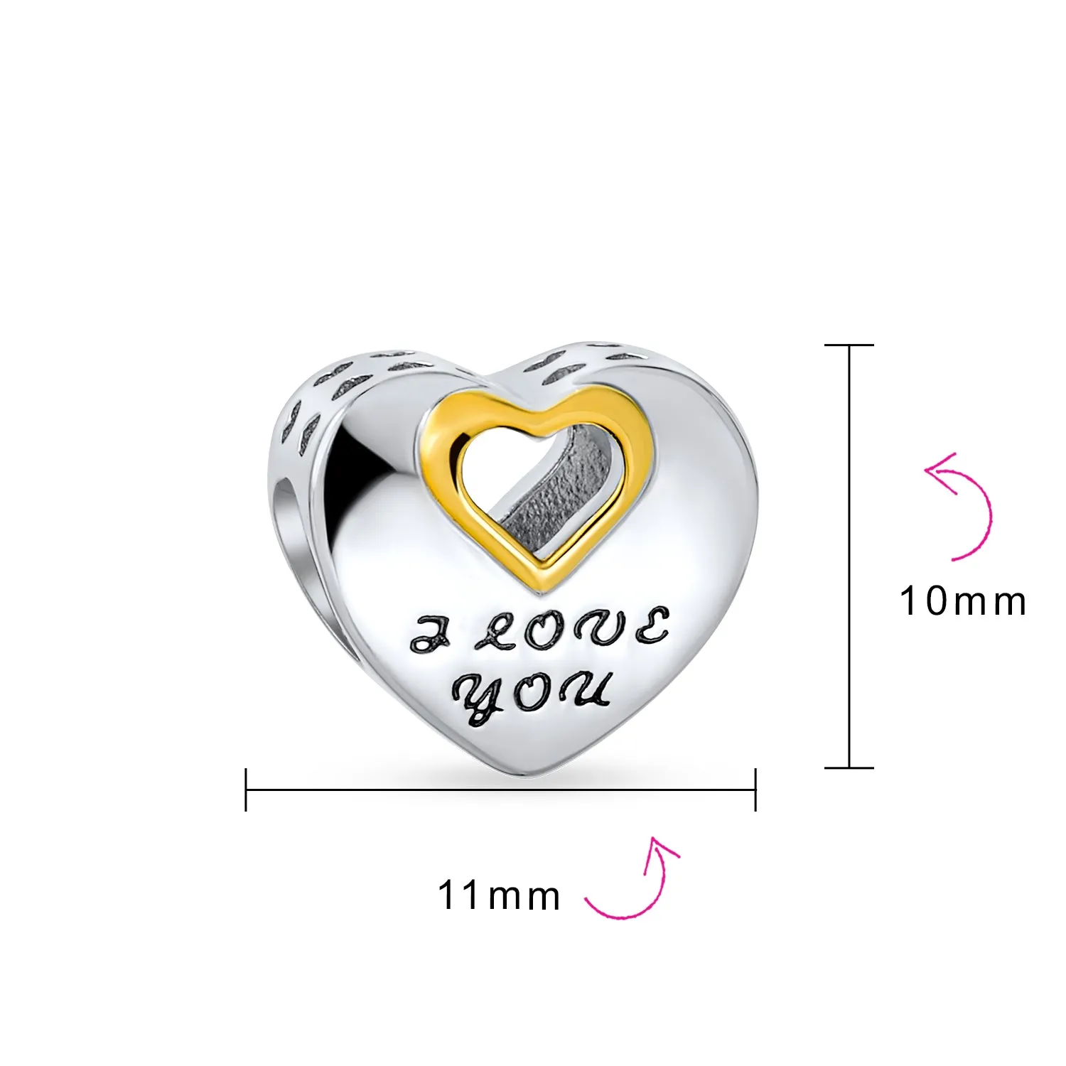 Valentine "I LOVE YOU" Heart Charm Bead Two-Tone 14K Gold Fits European Bracelet