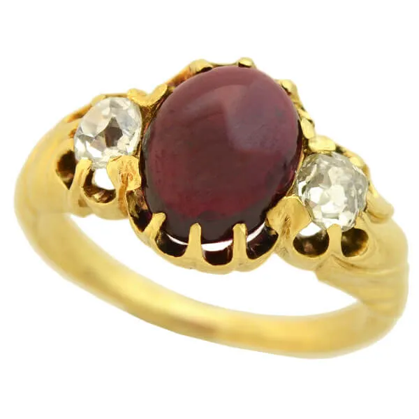 Victorian 15kt Cabochon Garnet   Diamond Ring 0.80ct center