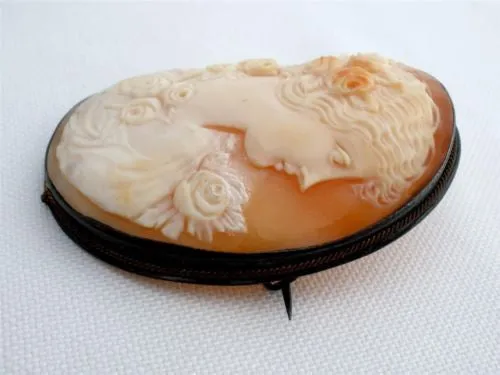 Victorian Cameo Brooch Carved Sterling Silver Frame Antique Pin