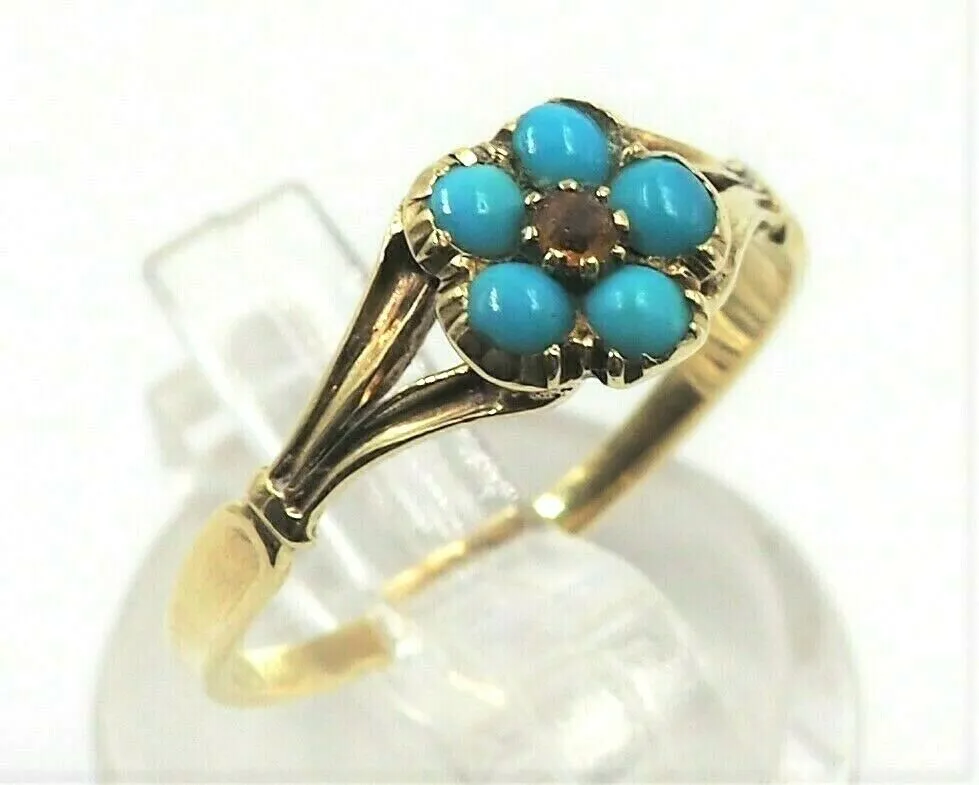 Victorian Vintage Forget-Me-Nots Turquoise & Garnet 9ct Gold Flower Ring