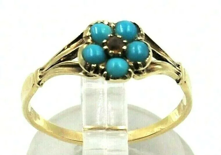 Victorian Vintage Forget-Me-Nots Turquoise & Garnet 9ct Gold Flower Ring