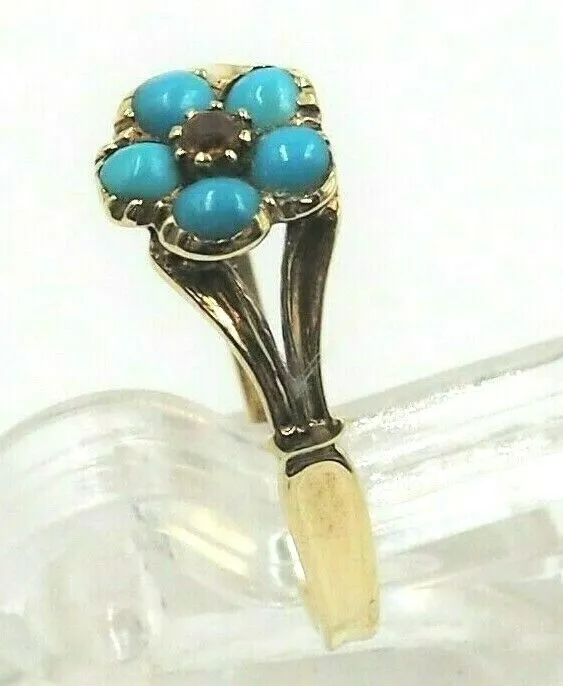 Victorian Vintage Forget-Me-Nots Turquoise & Garnet 9ct Gold Flower Ring