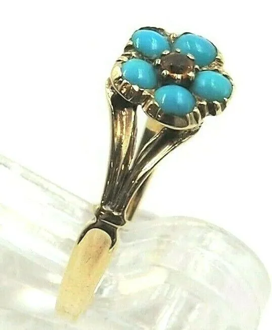 Victorian Vintage Forget-Me-Nots Turquoise & Garnet 9ct Gold Flower Ring