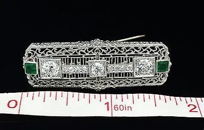 Vintage Brooch Diamond Emerald Platinum & 14K White Gold