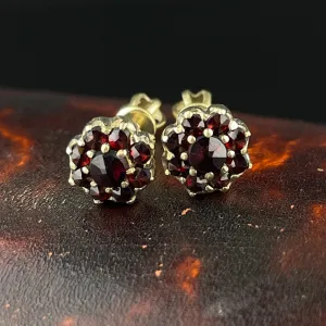 Vintage Garnet Flower Cluster Gold Vermeil Post Earrings