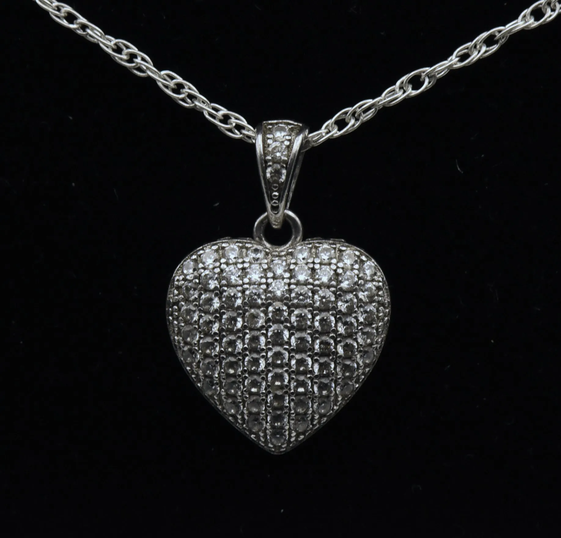 Vintage Pave Set CZ Sterling Silver Heart Pendant Chain Necklace - 18"