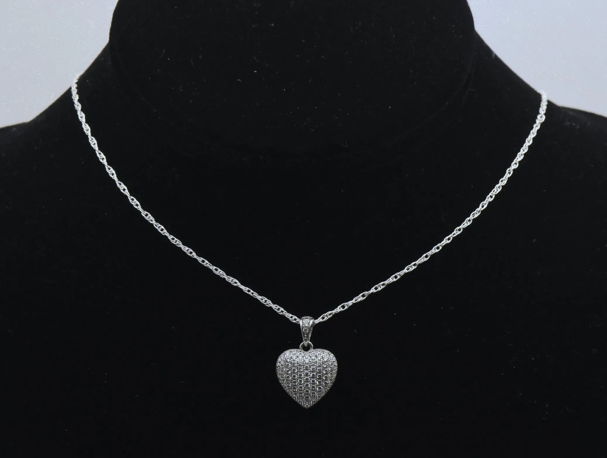 Vintage Pave Set CZ Sterling Silver Heart Pendant Chain Necklace - 18"