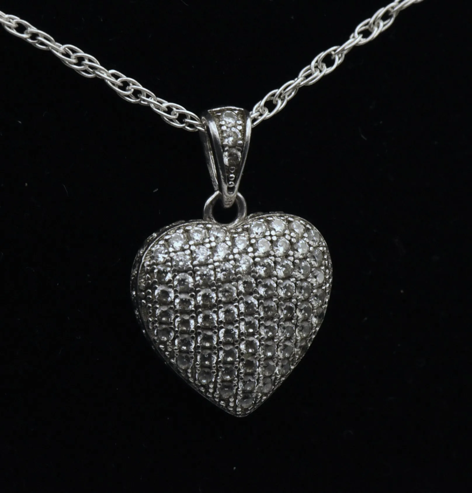 Vintage Pave Set CZ Sterling Silver Heart Pendant Chain Necklace - 18"