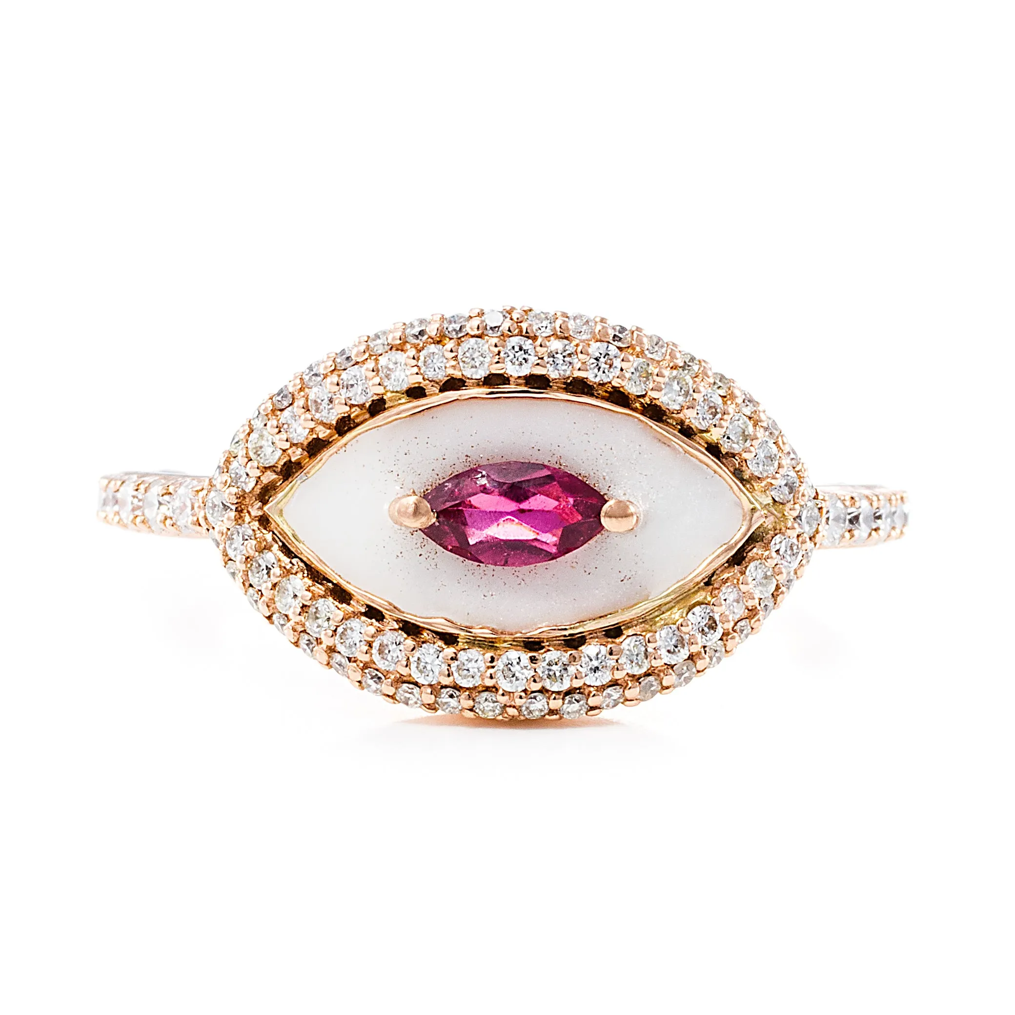 White Enamel & Ruby Evil Eye Ring