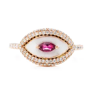 White Enamel & Ruby Evil Eye Ring