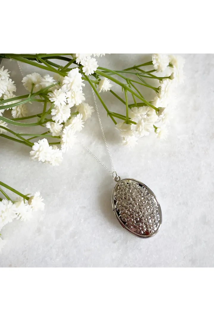 Wisteria London Blossom Flower Oval Locket - Silver