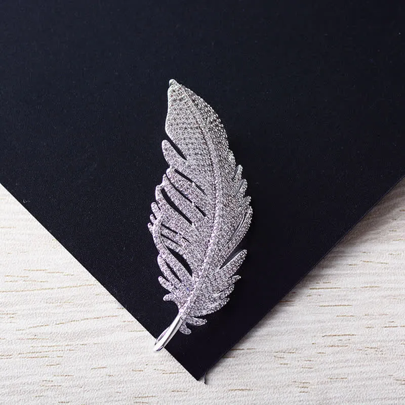 Women's Minimalist Silver Zircon Feather Brooch