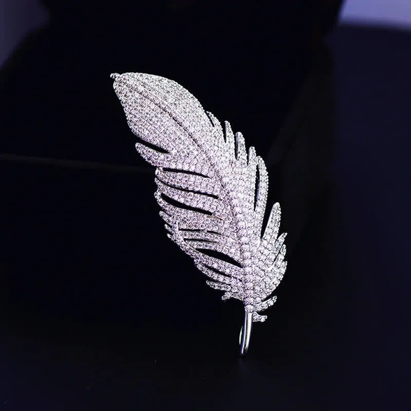 Women's Minimalist Silver Zircon Feather Brooch