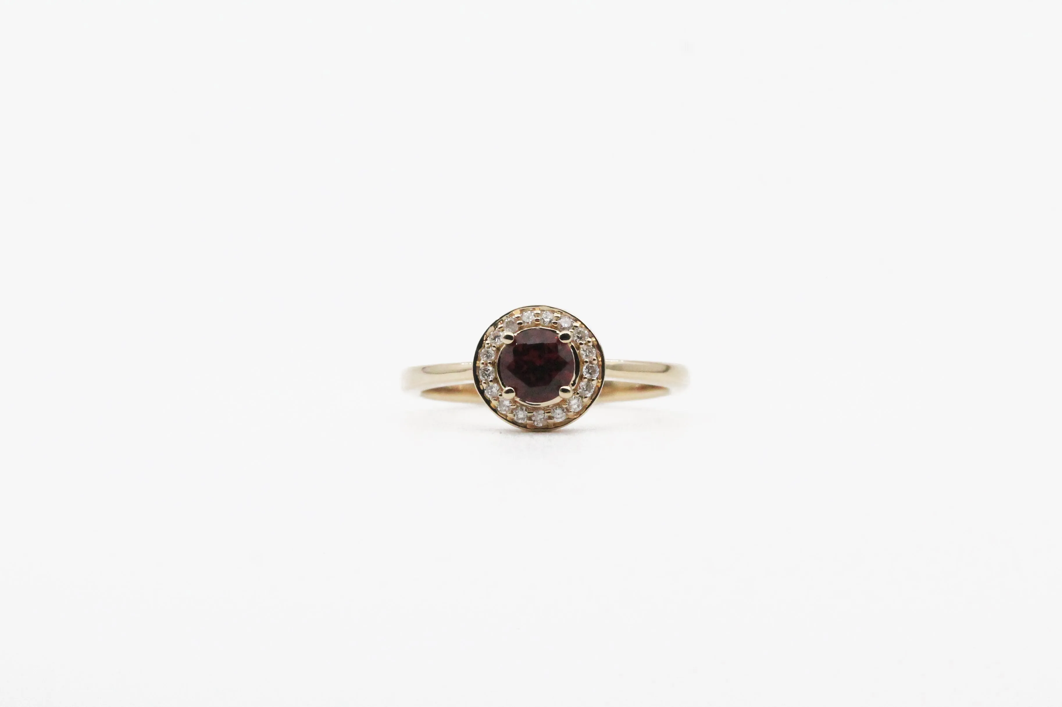 Yellow Gold Garnet with Diamond Halo Ring