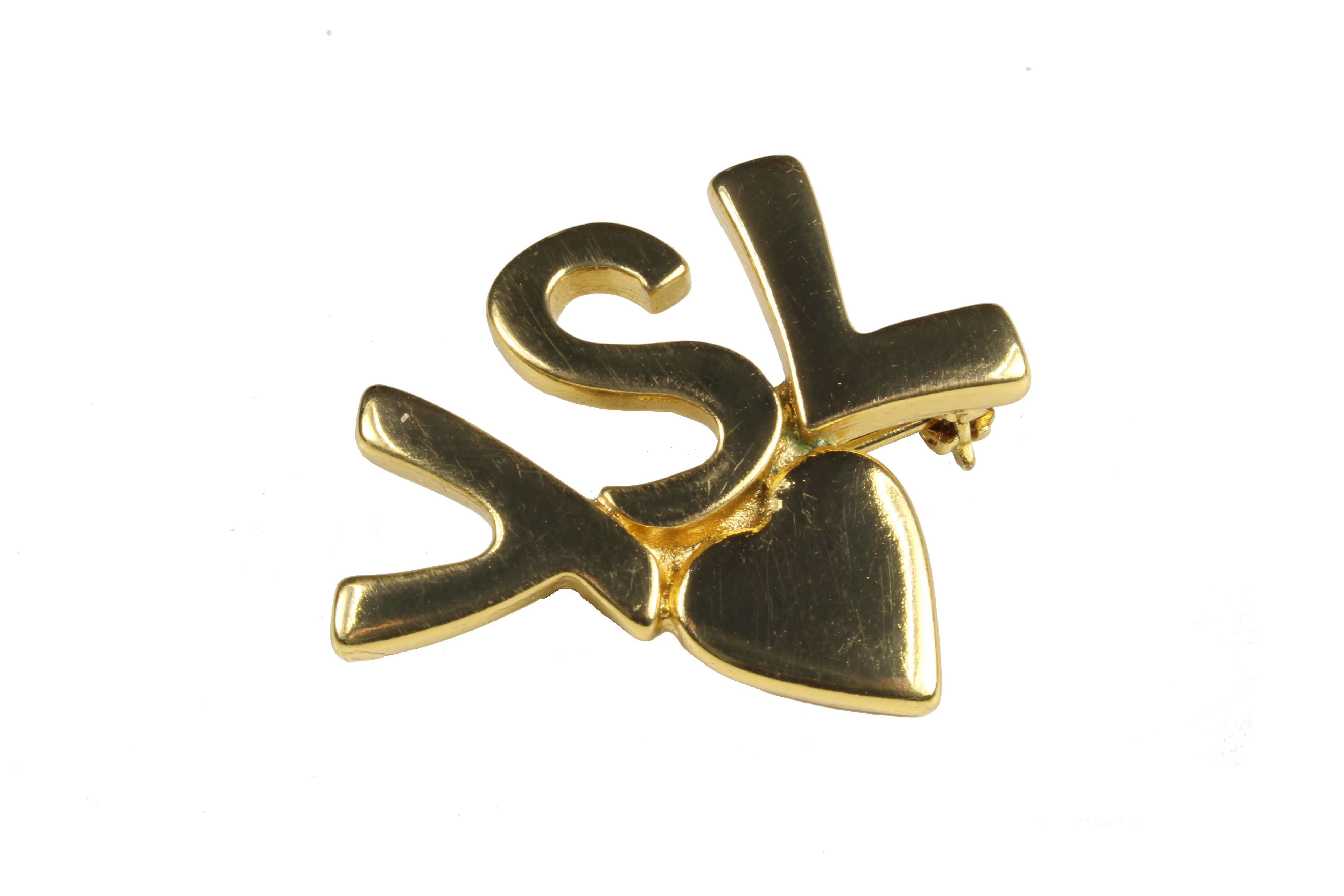 YVES SAINT LAURENT initials over heart brooch